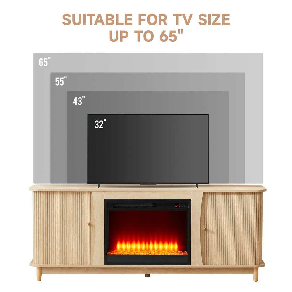 TV stand with built-in electric fireplace and TVs of different sizes displayed above it.