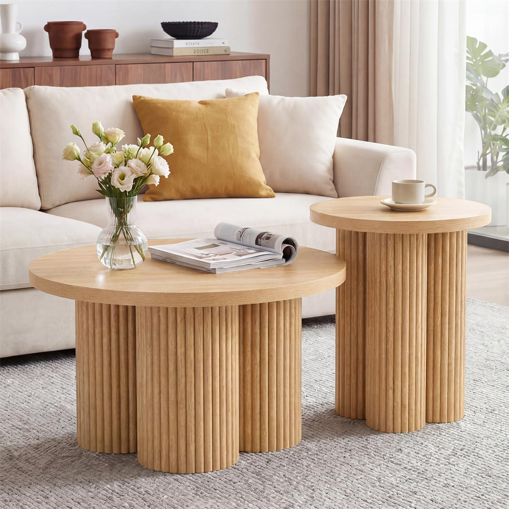 Natural Fluted Nesting Round Coffee Table Set of 2 Wooden Center Table