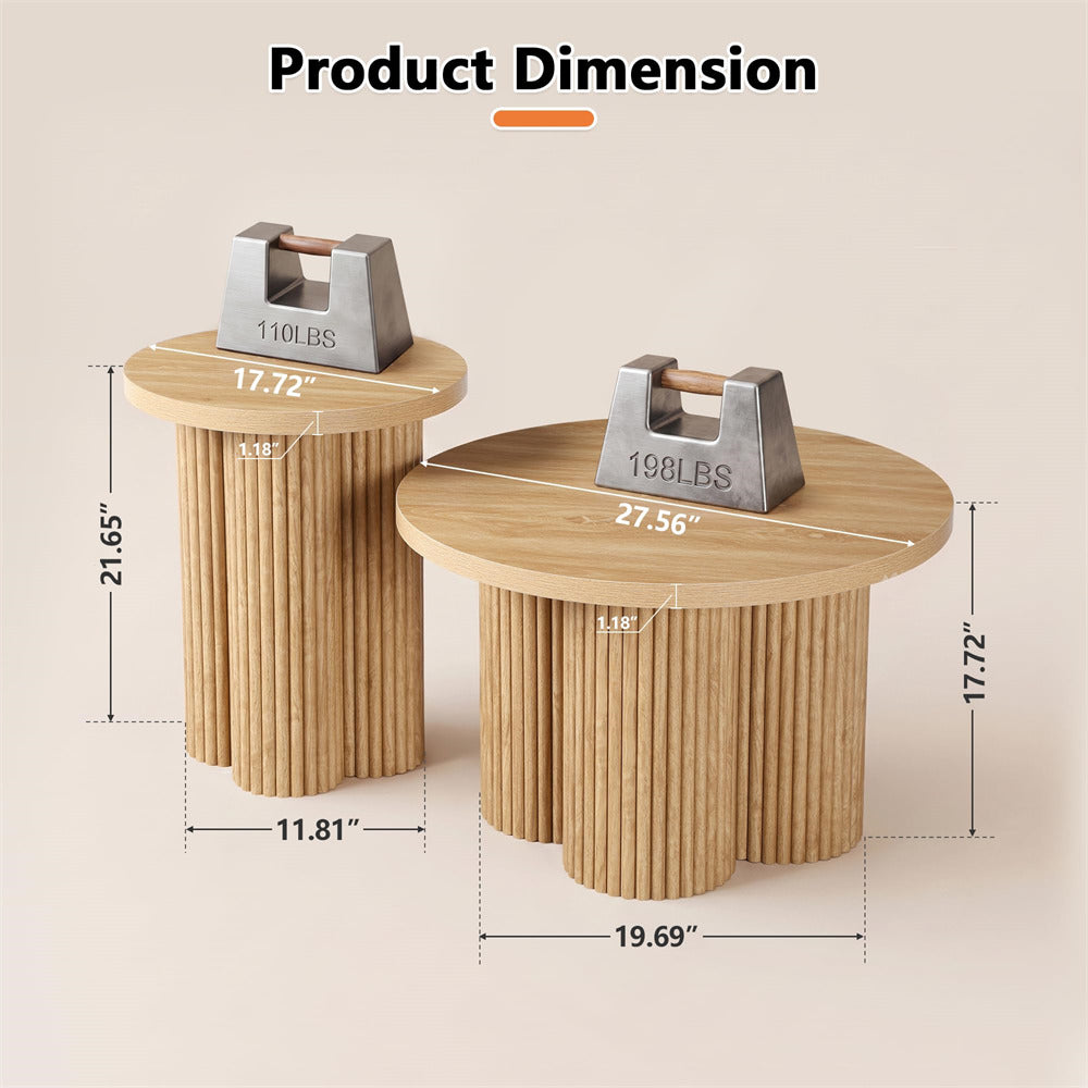 Two round wooden side tables with fluted cylindrical bases shown on a beige background with overlaid dimension lines and weights to indicate size and load-bearing capacity. Text at the top reads 'Product Dimension'.