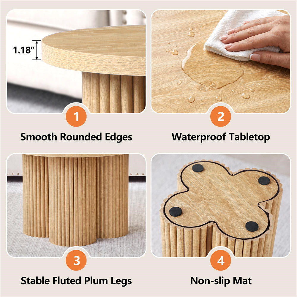 Four-panel feature graphic for a small round wooden table with fluted legs. The panels show: 1) Smooth rounded edges with a 1.