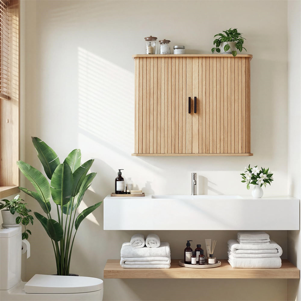 Natural Fluted Wall Mounted Bathroom Cabinet with Sliding Doors