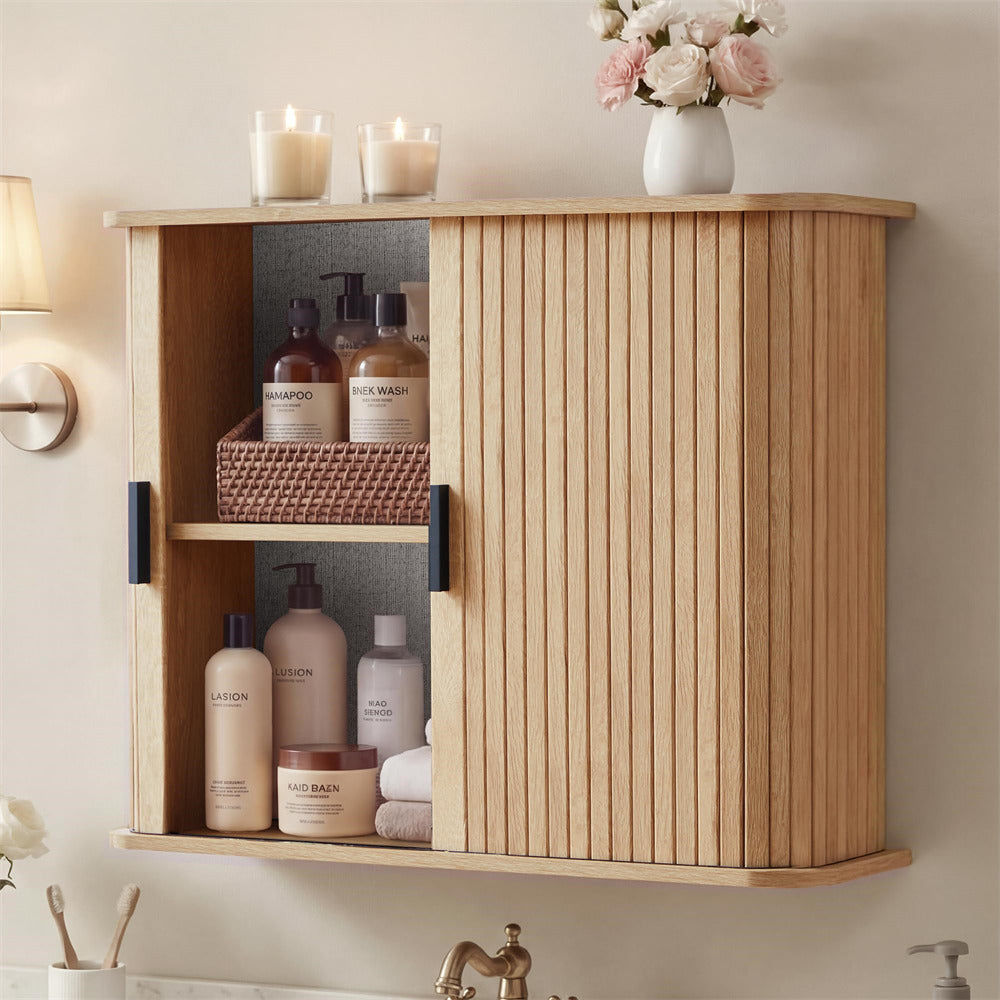 Natural Fluted Wall Mounted Bathroom Cabinet with Sliding Doors