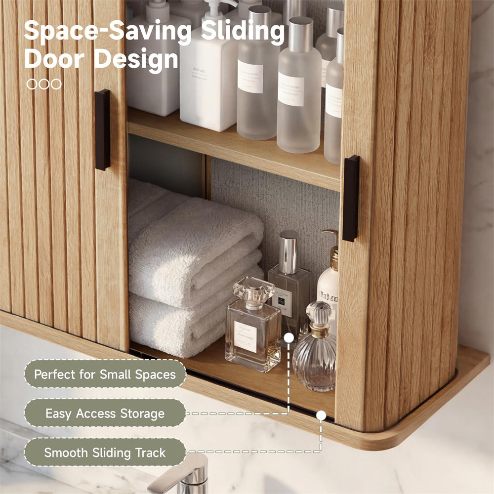 Natural Fluted Wall Mounted Bathroom Cabinet with Sliding Doors