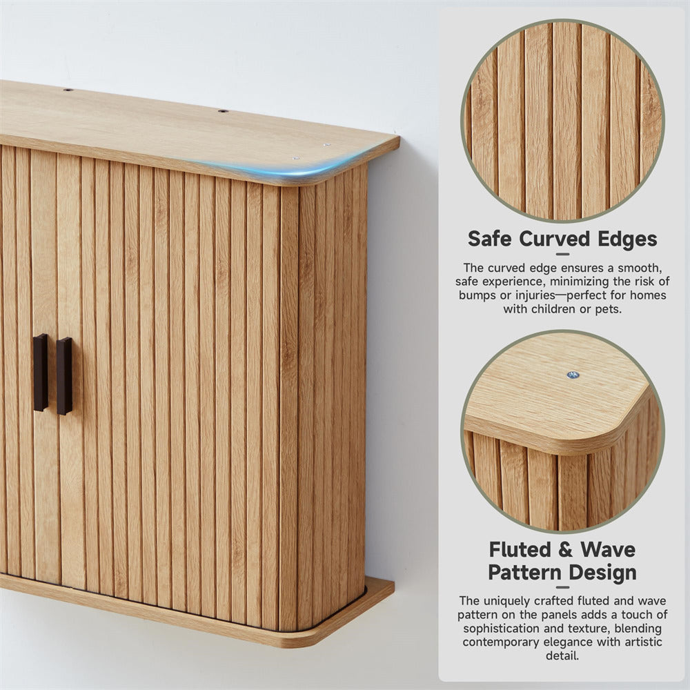 Natural Fluted Wall Mounted Bathroom Cabinet with Sliding Doors