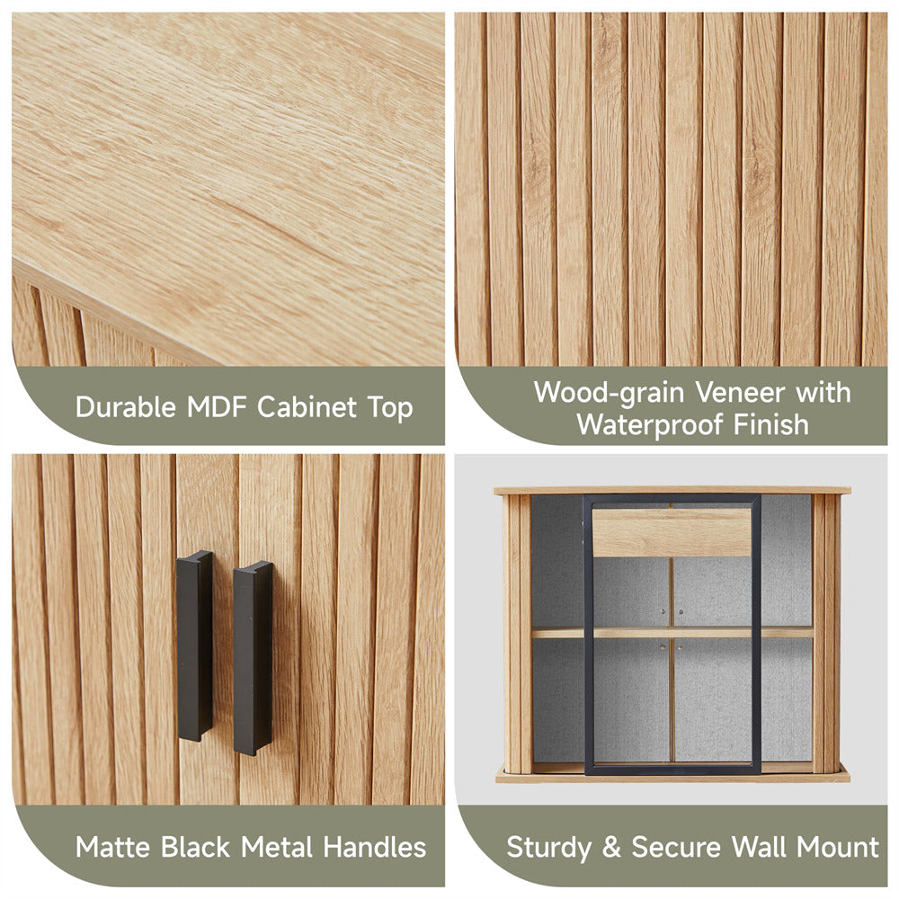 Natural Fluted Wall Mounted Bathroom Cabinet with Sliding Doors