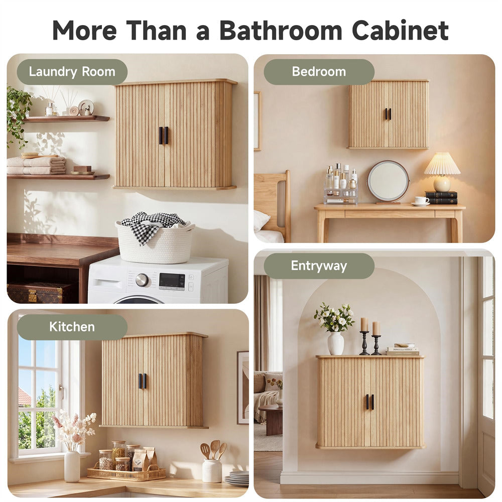 Natural Fluted Wall Mounted Bathroom Cabinet with Sliding Doors