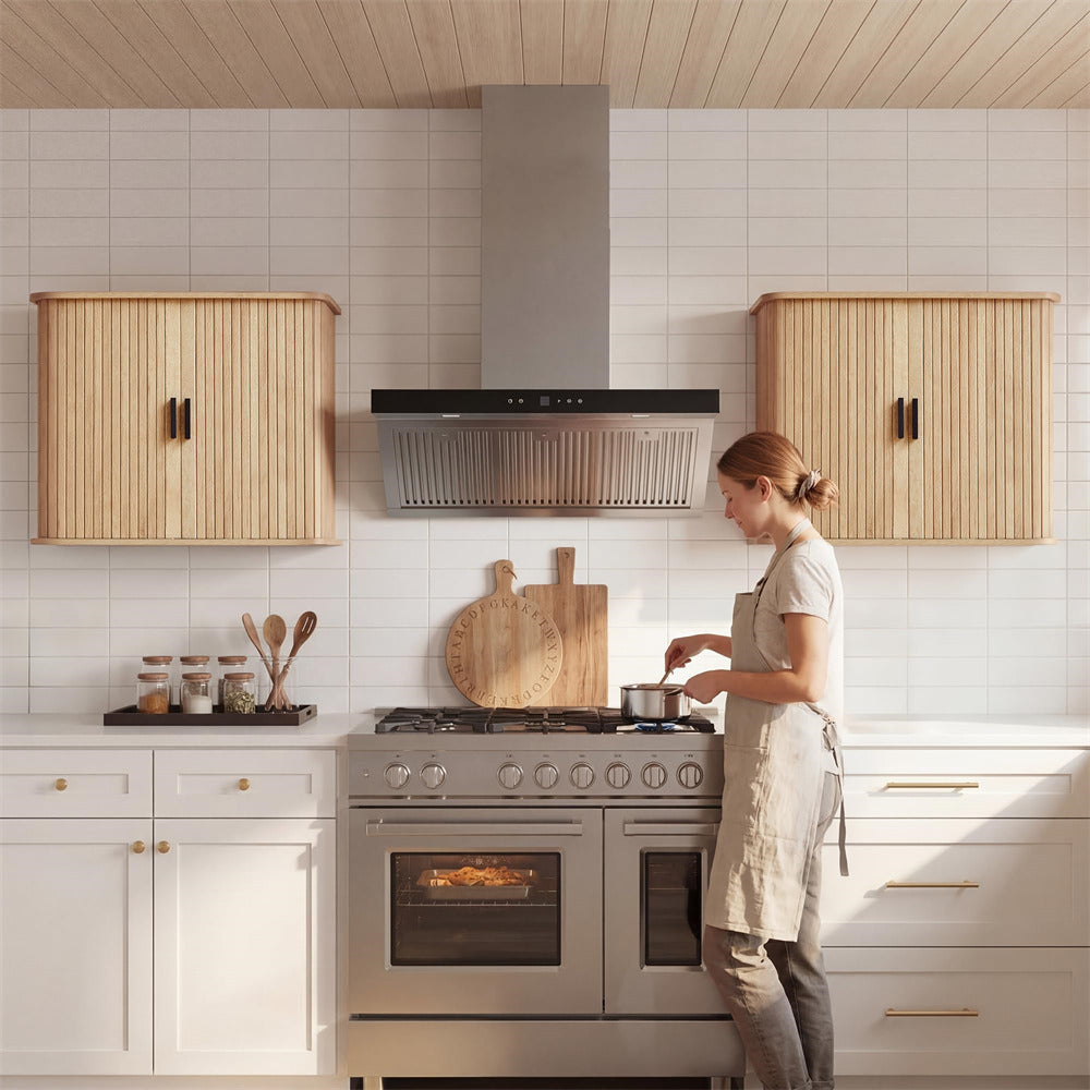 Natural Fluted Wall Mounted Bathroom Cabinet with Sliding Doors