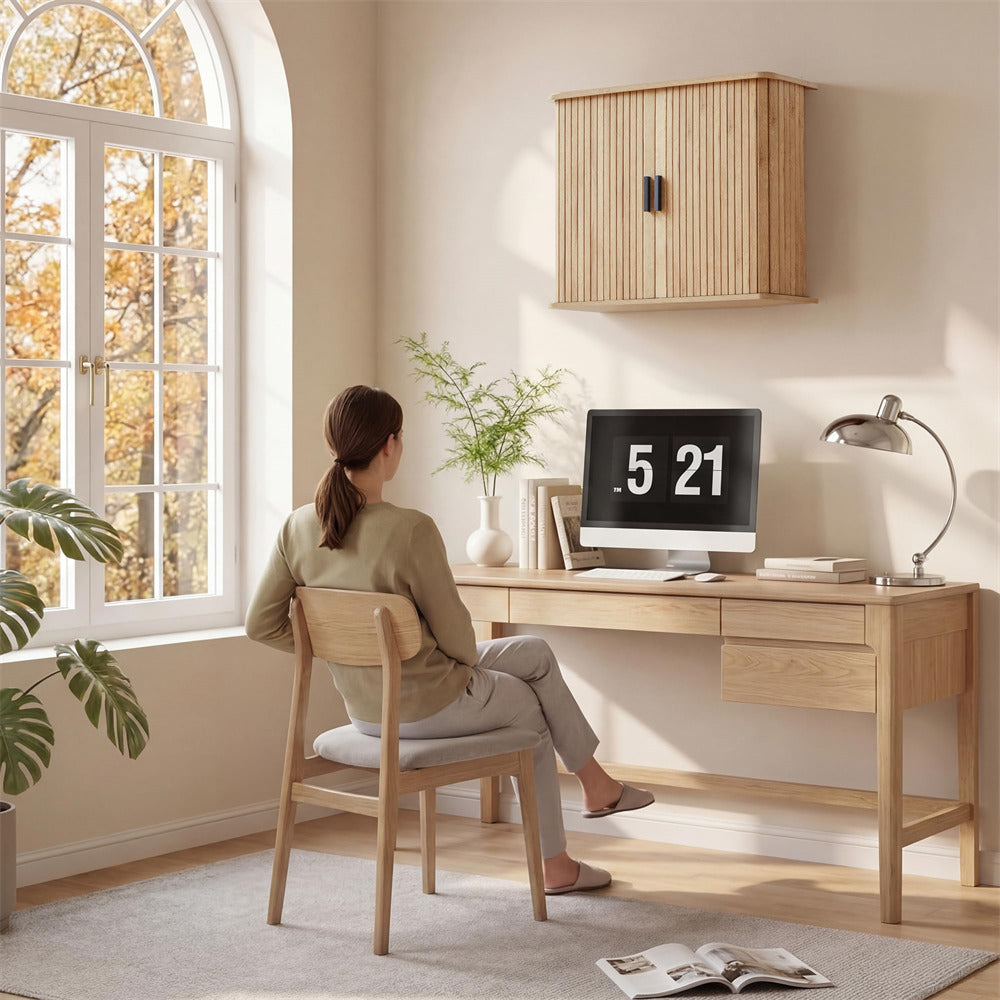 Natural Fluted Wall Mounted Bathroom Cabinet with Sliding Doors