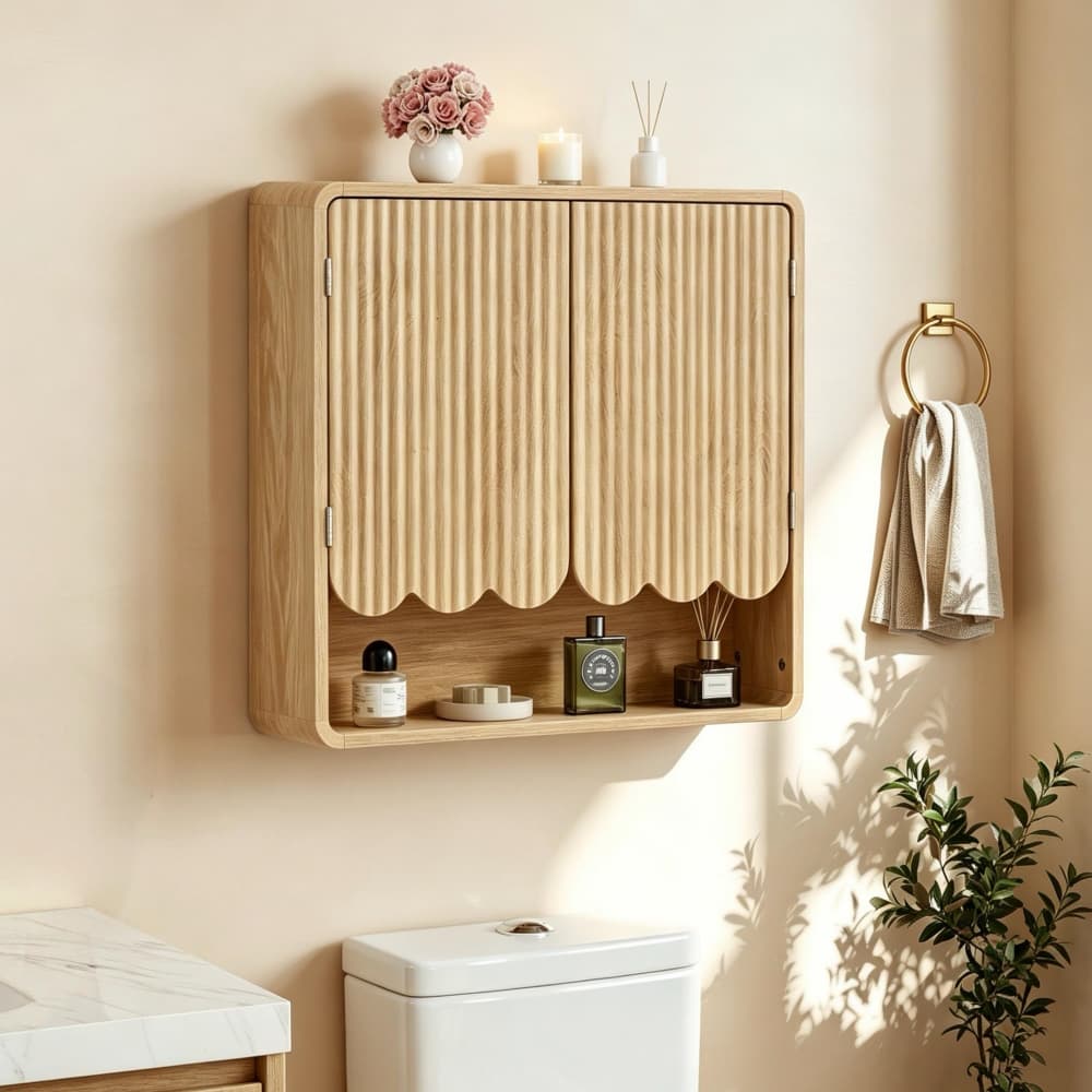 Natural Fluted Wooden Bathroom Wall Cabinet Over The Toilet Storage Cabinet with Adjustable Shelf