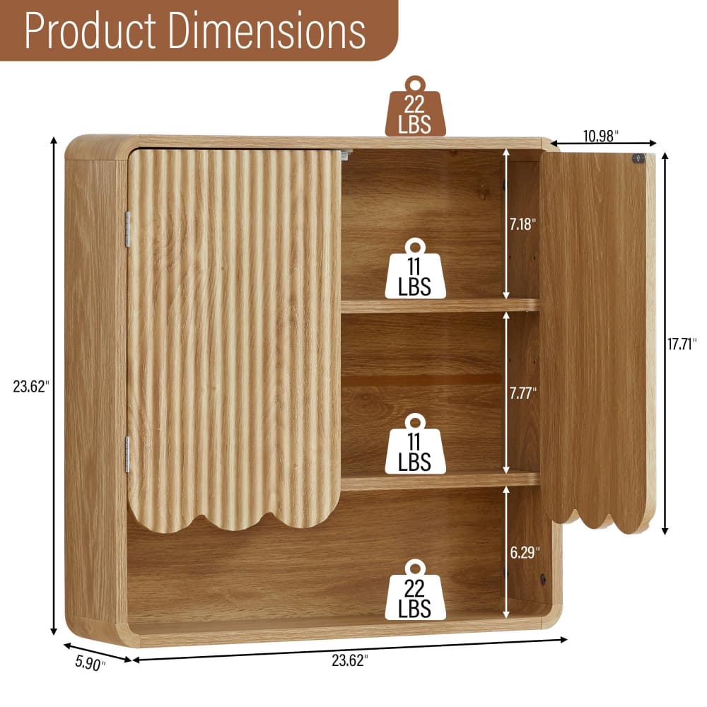 Product dimensions diagram of a wall-mounted wooden cabinet with a slatted door, showing measurements in inches and weight labels on a white background.