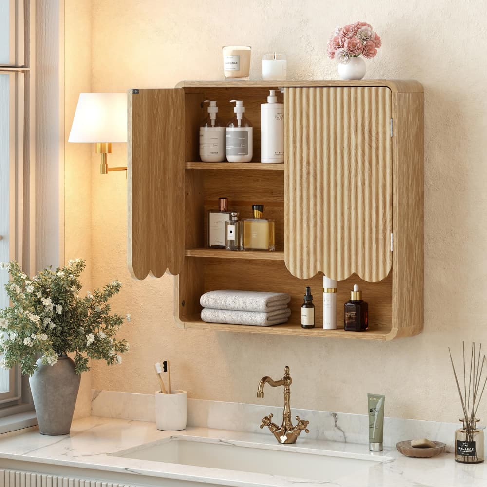 Natural Fluted Wooden Bathroom Wall Cabinet Over The Toilet Storage Cabinet with Adjustable Shelf