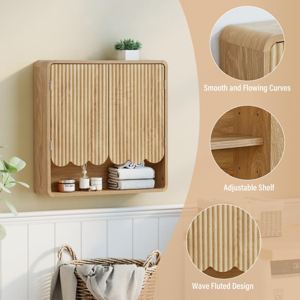 Natural Fluted Wooden Bathroom Wall Cabinet Over The Toilet Storage Cabinet with Adjustable Shelf