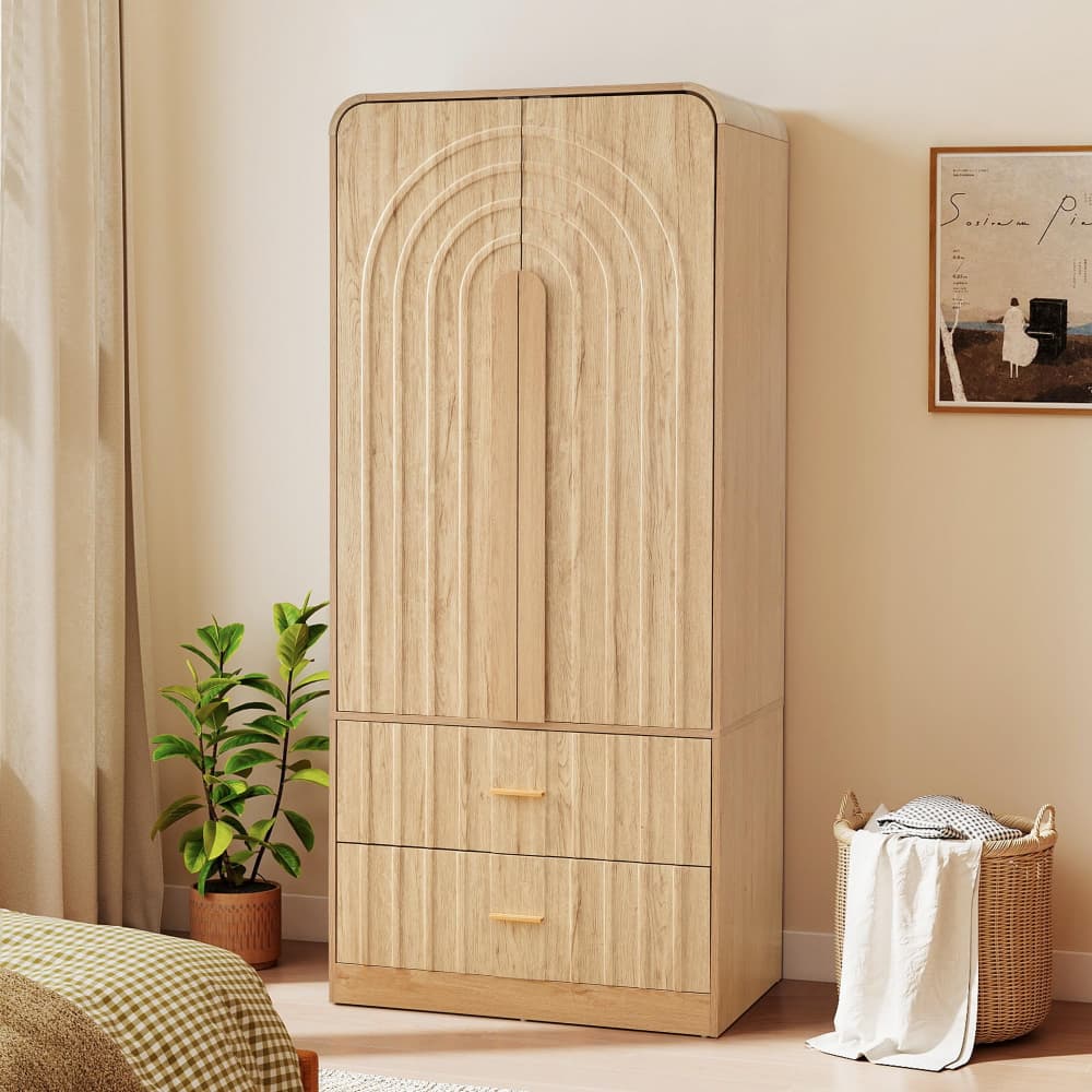 Natural Freestanding Armoire Wardrobe Closet with Arched Fluted 2 Doors and 2 Storage Drawers