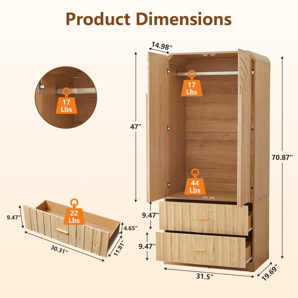 Natural Freestanding Armoire Wardrobe Closet with Arched Fluted 2 Doors and 2 Storage Drawers Size