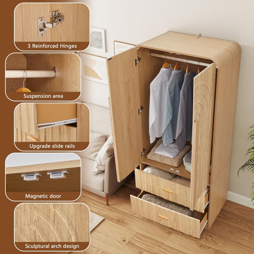 Natural Freestanding Armoire Wardrobe Closet with Arched Fluted 2 Doors and 2 Storage Drawers
