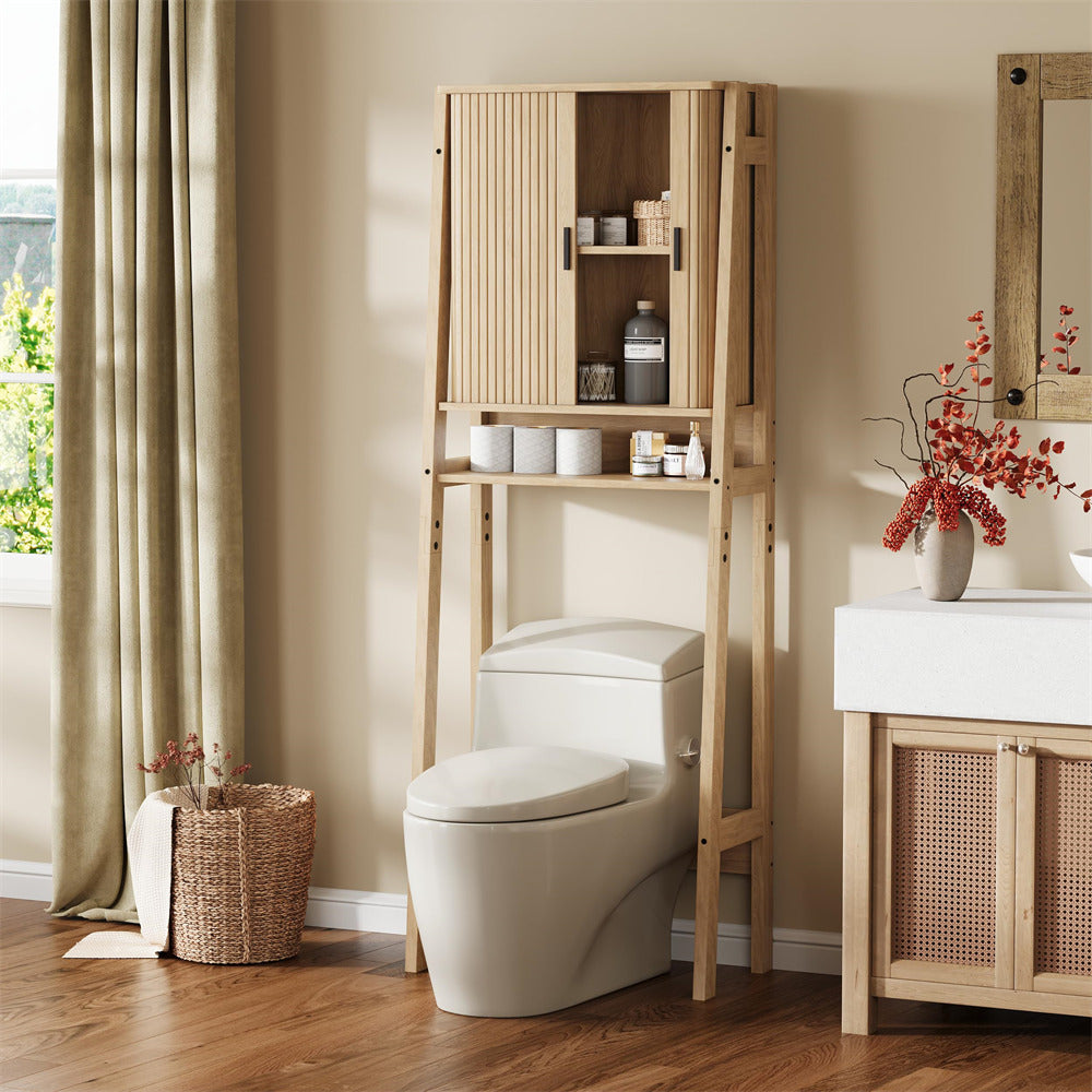 Natural Freestanding Over Toilet Storage Rack Wall-Anchored Wooden Storage Cabinet