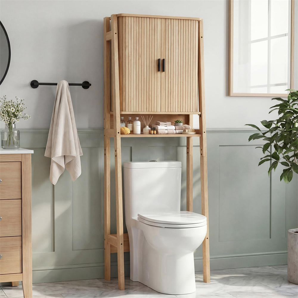 Natural Freestanding Over Toilet Storage Rack Wall-Anchored Wooden Storage Cabinet