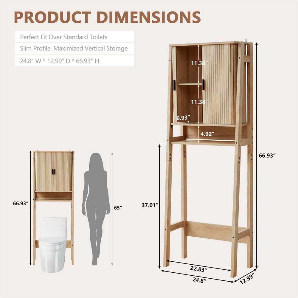 Natural Freestanding Over Toilet Storage Rack Wall-Anchored Wooden Storage Cabinet
