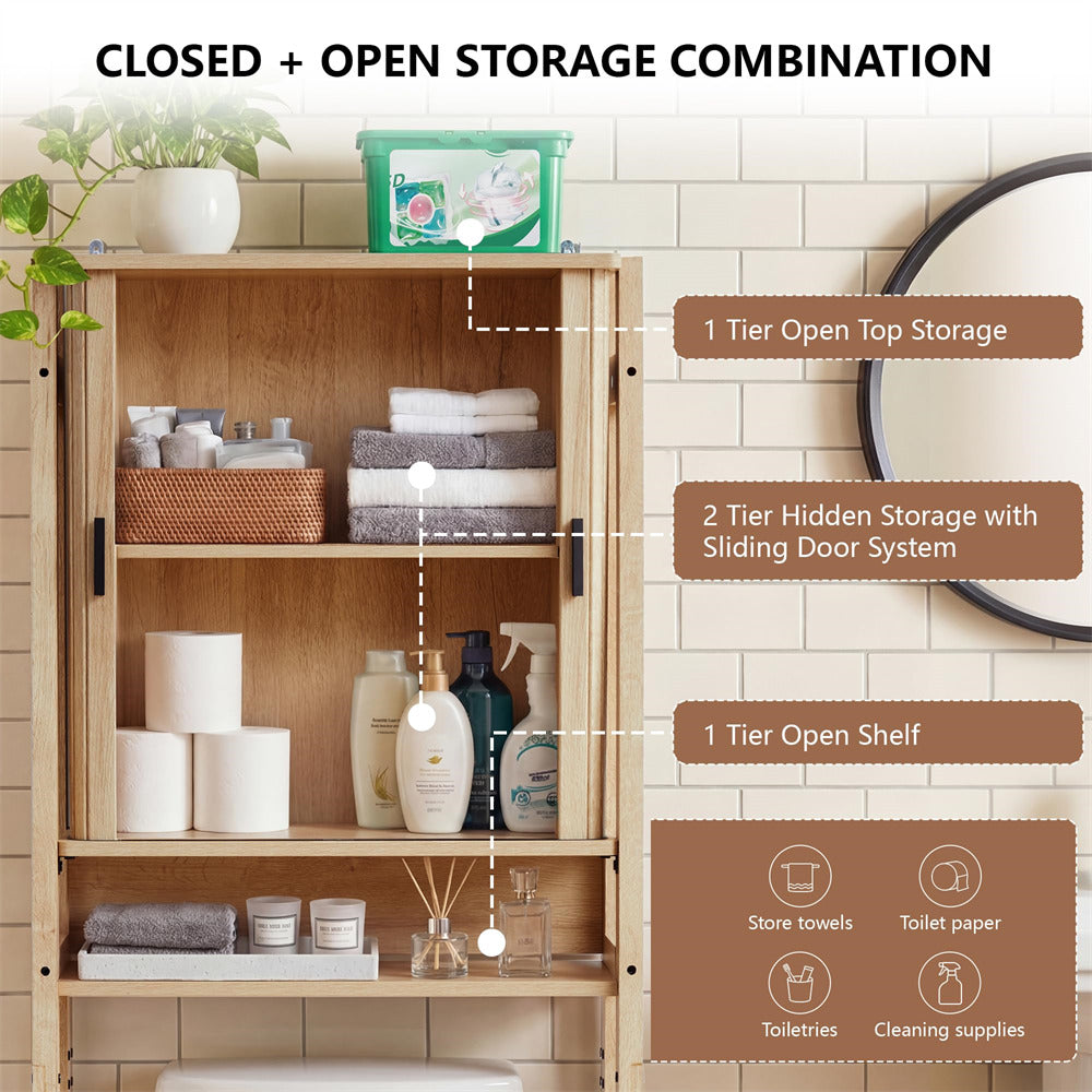 Natural Freestanding Over Toilet Storage Rack Wall-Anchored Wooden Storage Cabinet
