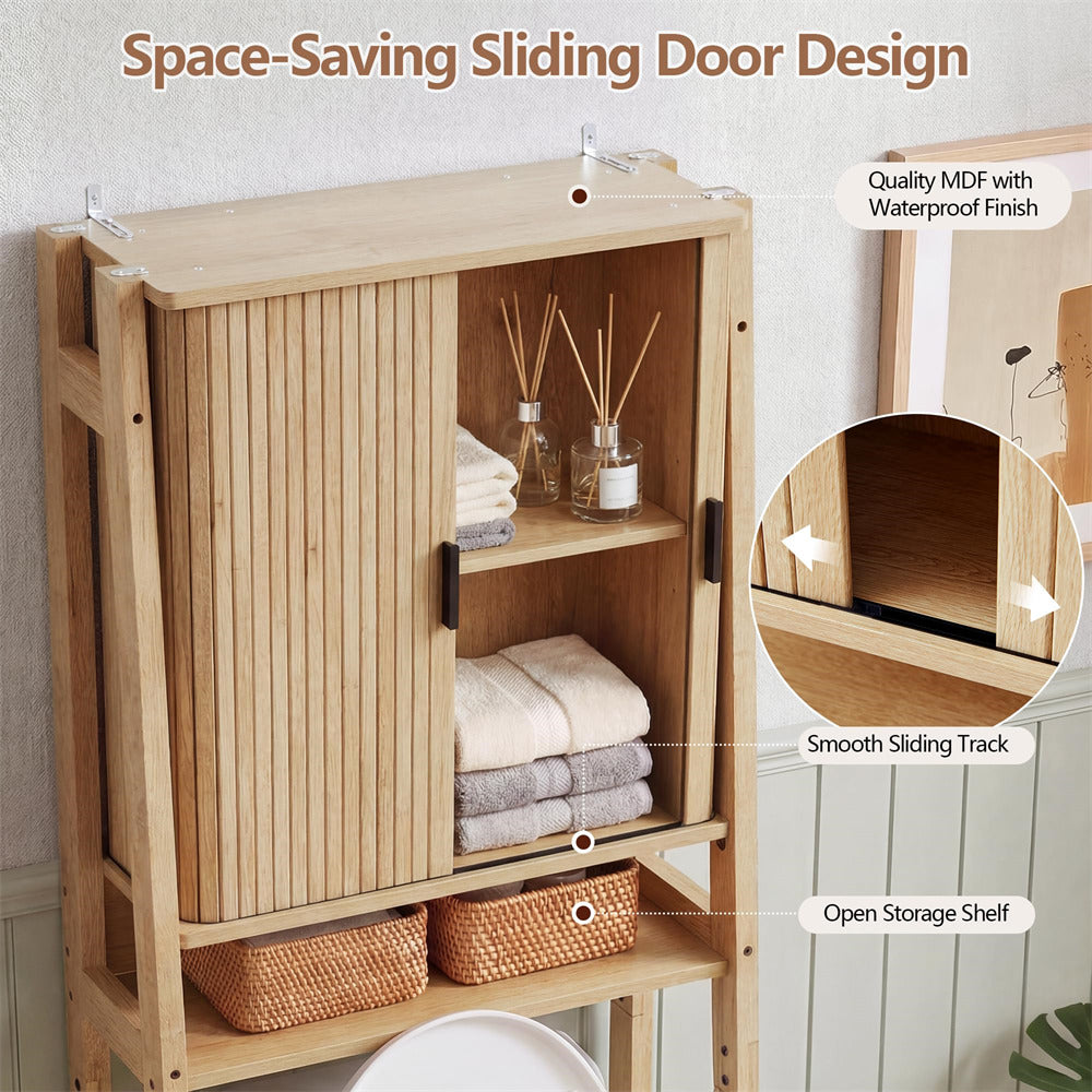 Natural Freestanding Over Toilet Storage Rack Wall-Anchored Wooden Storage Cabinet
