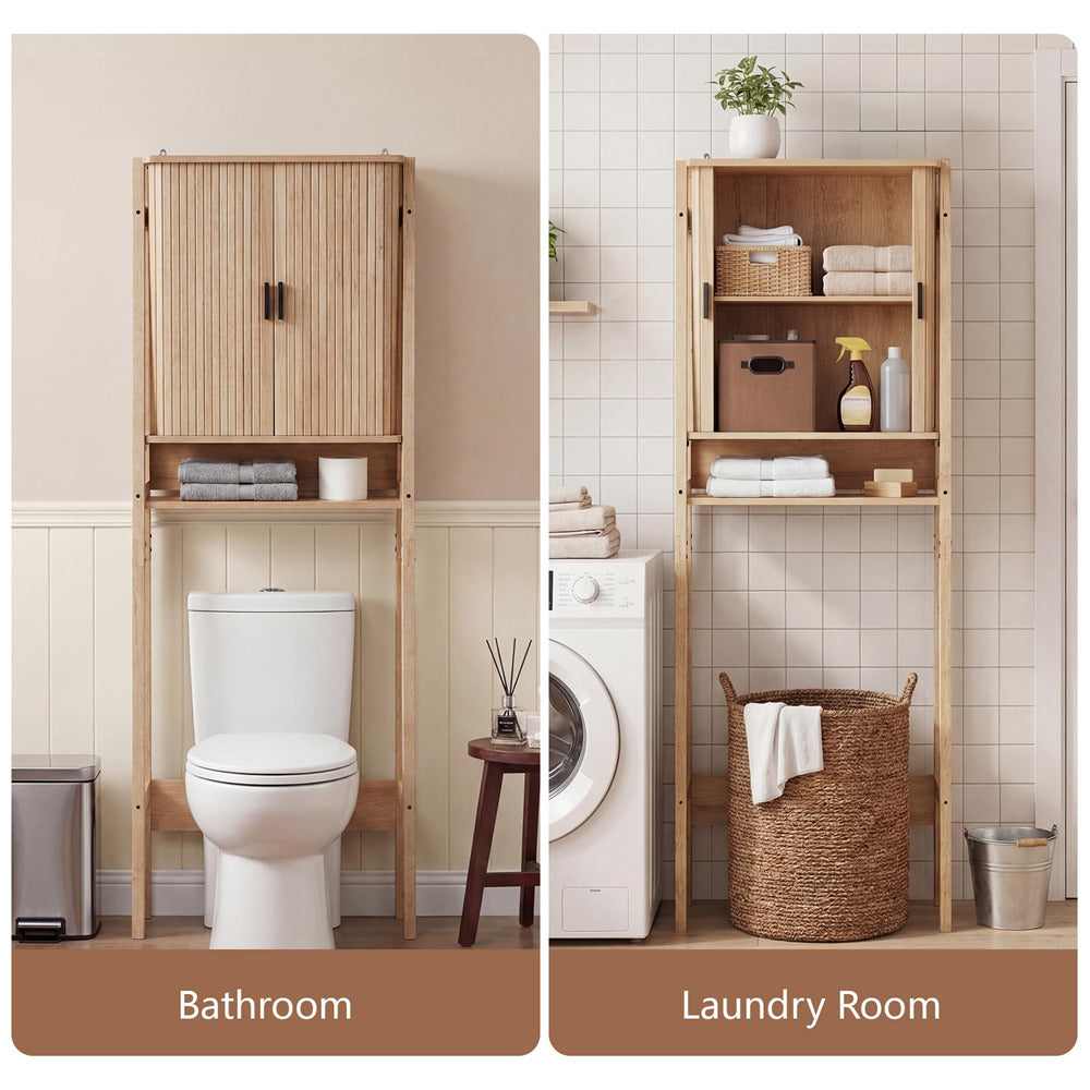 Natural Freestanding Over Toilet Storage Rack Wall-Anchored Wooden Storage Cabinet