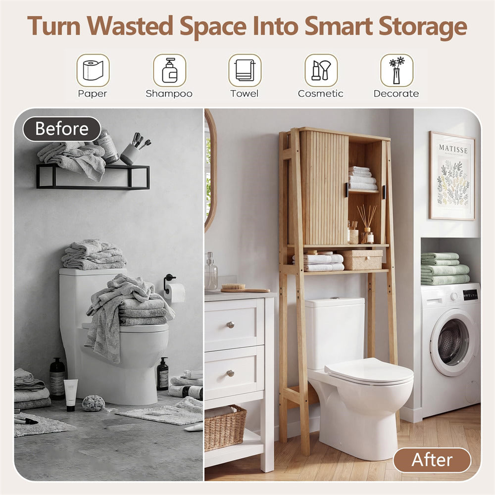 Natural Freestanding Over Toilet Storage Rack Wall-Anchored Wooden Storage Cabinet