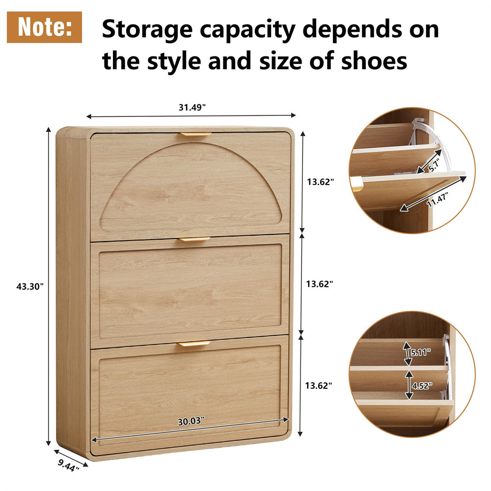 Natural Hidden Shoe Cabinet 3 Flip Drawer Narrow Shoe Rack for Entryway