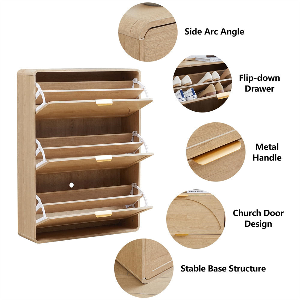 Natural Hidden Shoe Cabinet 3 Flip Drawer Narrow Shoe Rack for Entryway