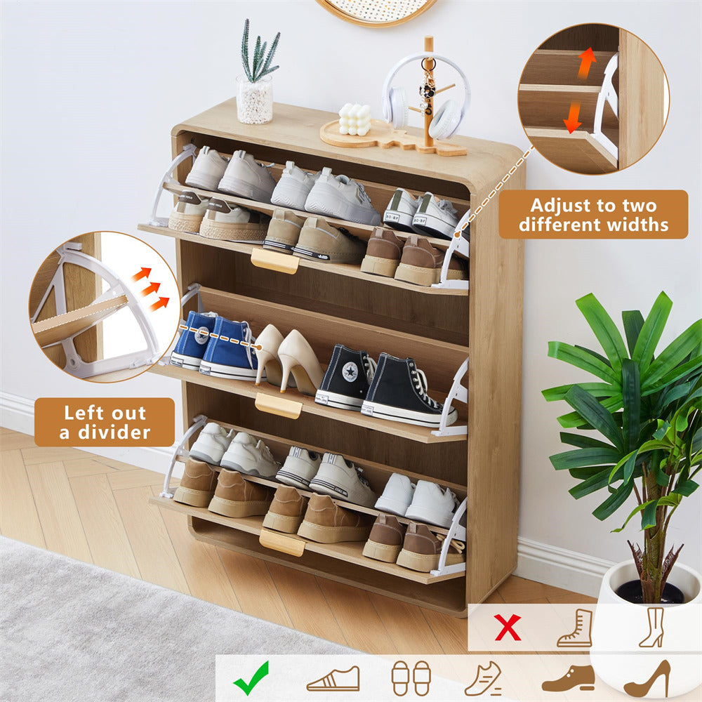 Wooden shoe rack with adjustable shelves displaying various shoes, plant on the side.