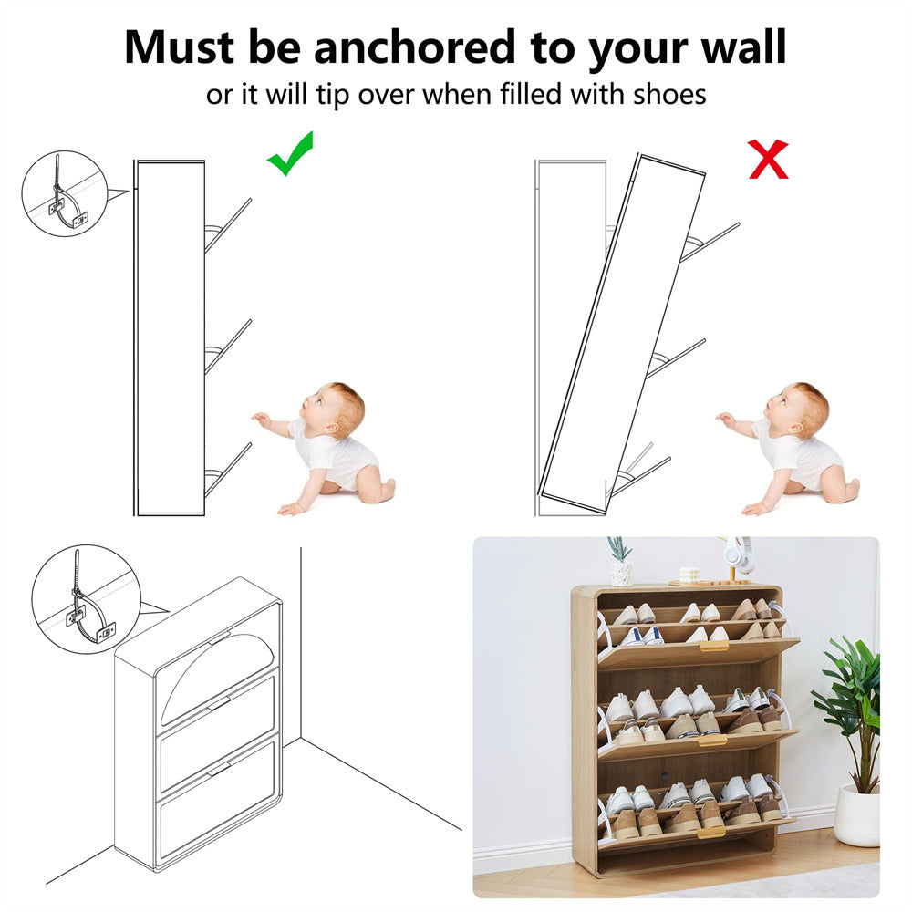 Shoe rack with safety instructions for anchoring to a wall, showing correct and incorrect methods.