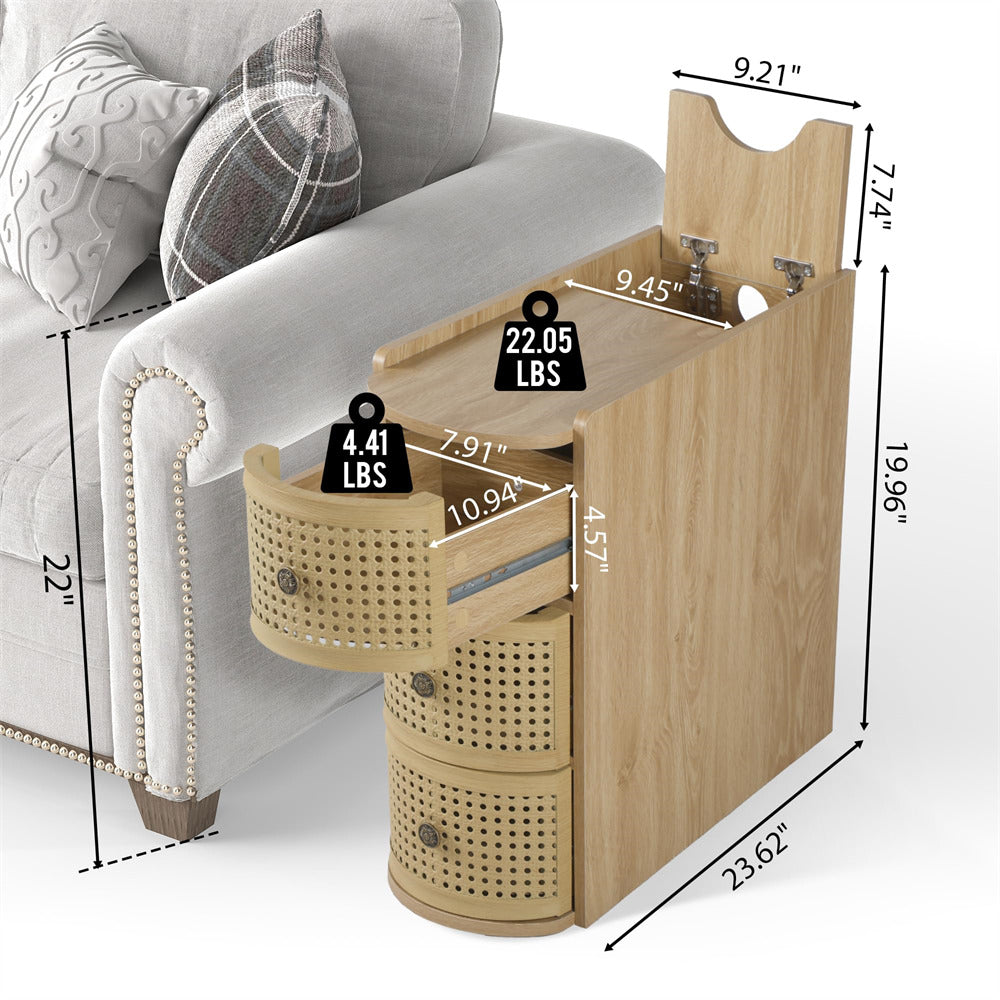 Wooden side table with storage drawers next to a sofa, showing dimensions and weight capacity.