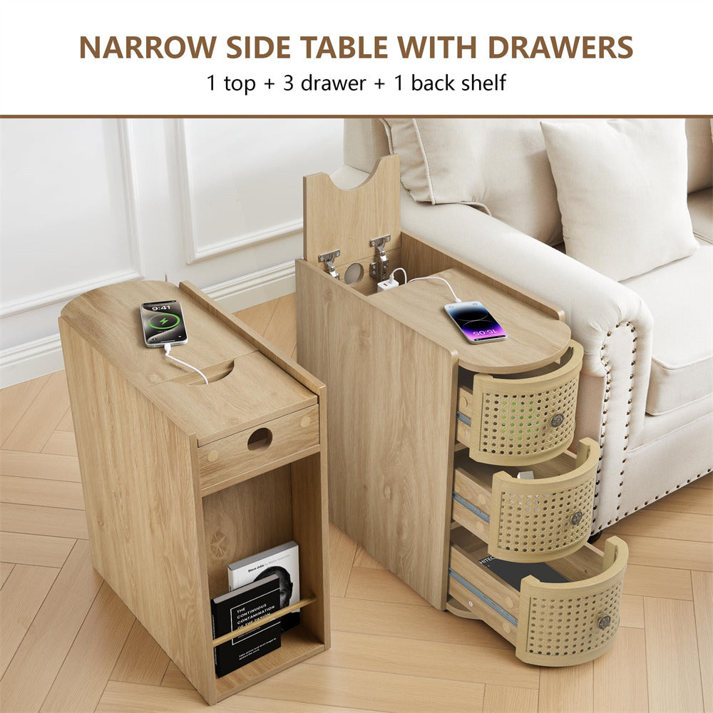 Narrow side table with drawers in a living room setting