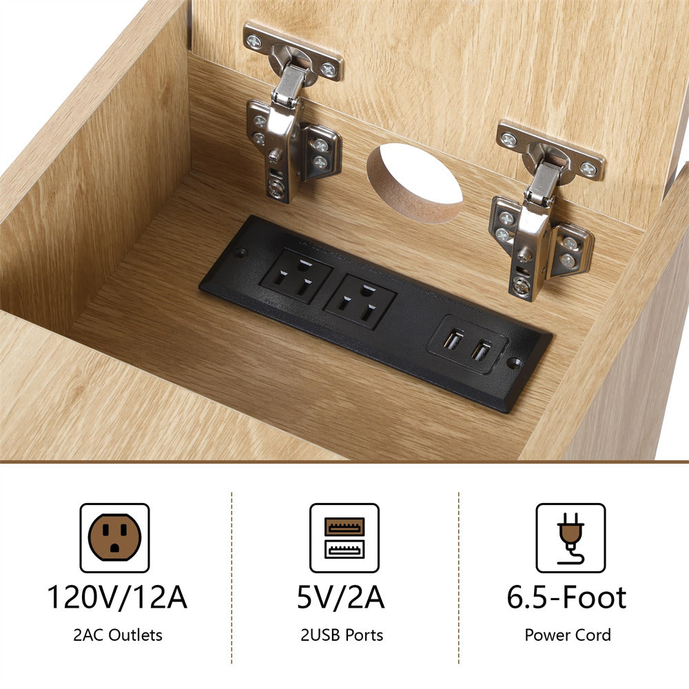Wooden desk with built-in electrical outlets and USB ports, featuring text specifications.