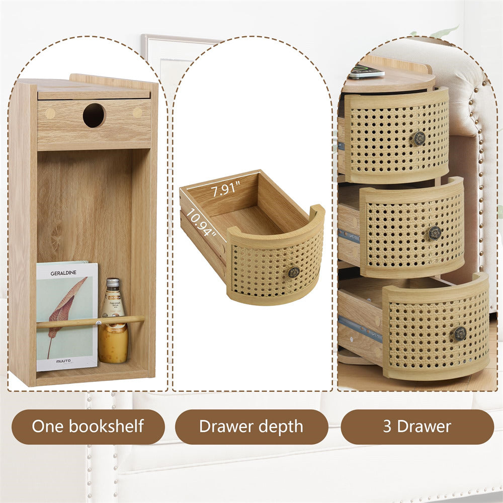 Wooden bookshelf with drawers on a white background