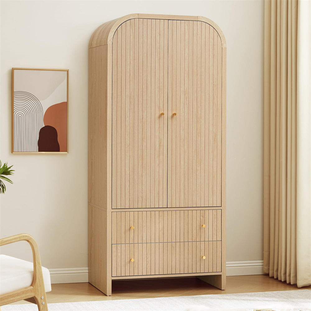 Wooden wardrobe with two doors and two drawers in a room setting.