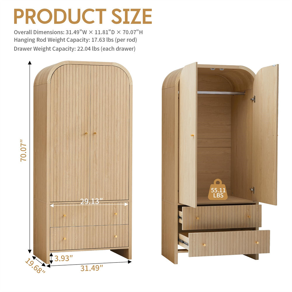 Wooden wardrobe with dimensions and weight capacity displayed