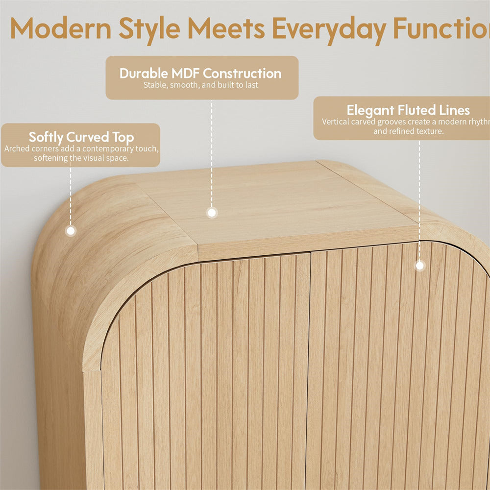 Wooden cabinet with text highlighting features on a light gray background