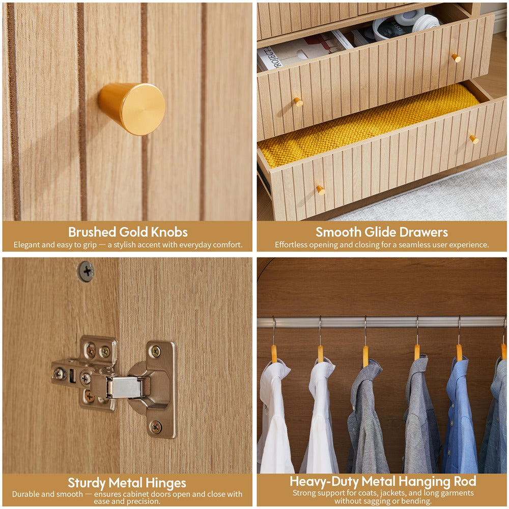Collage of wooden wardrobe features including brushed gold knobs, smooth glide drawers, sturdy metal hinges, and heavy-duty metal hanging rod.