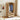 Wooden wardrobe with open doors displaying clothes in a bedroom setting.
