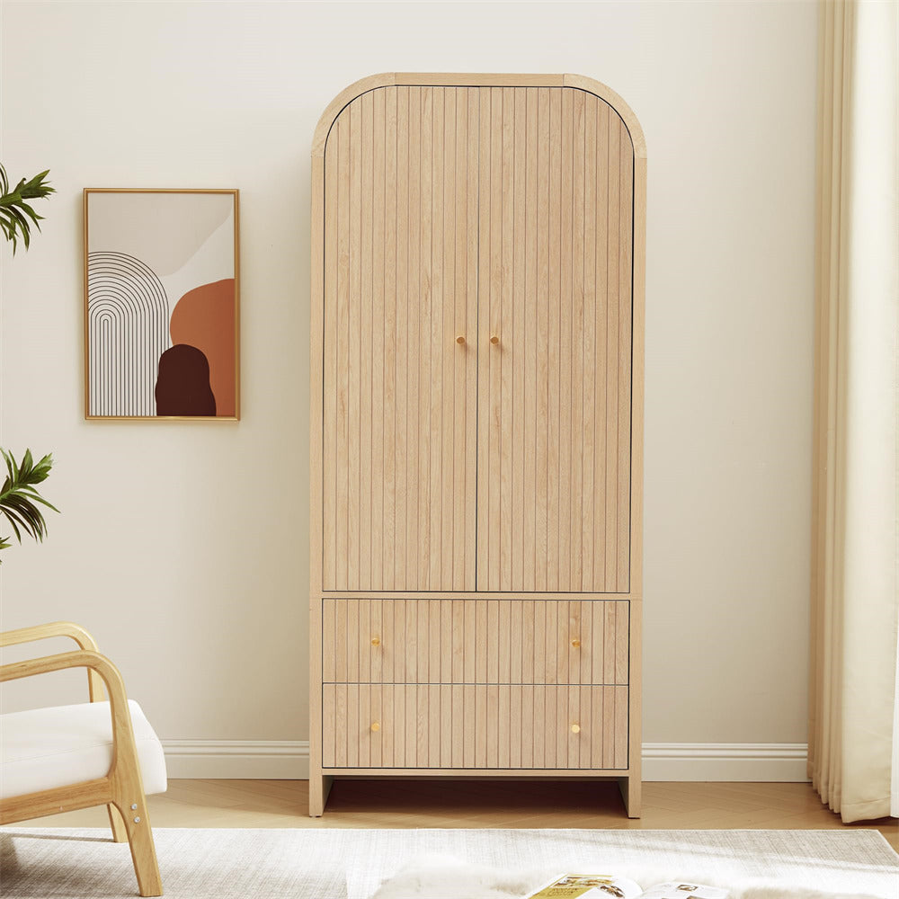 Wooden wardrobe in a room with a chair and abstract art on the wall