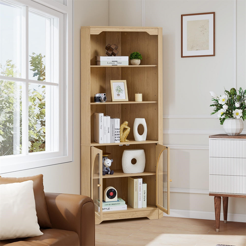 Wooden bookshelf in a living room with decor items and a window in the background