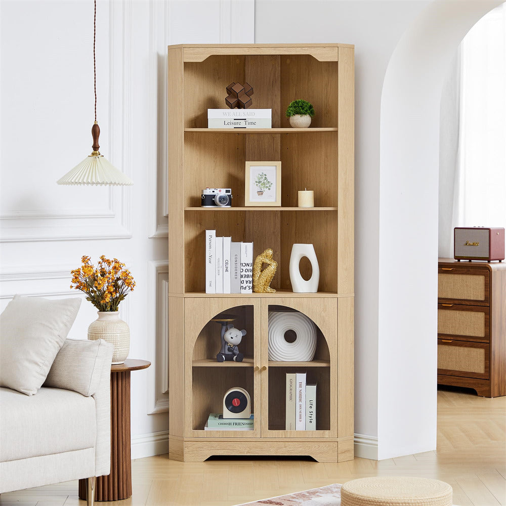 Wooden bookshelf with decorative items in a living room setting