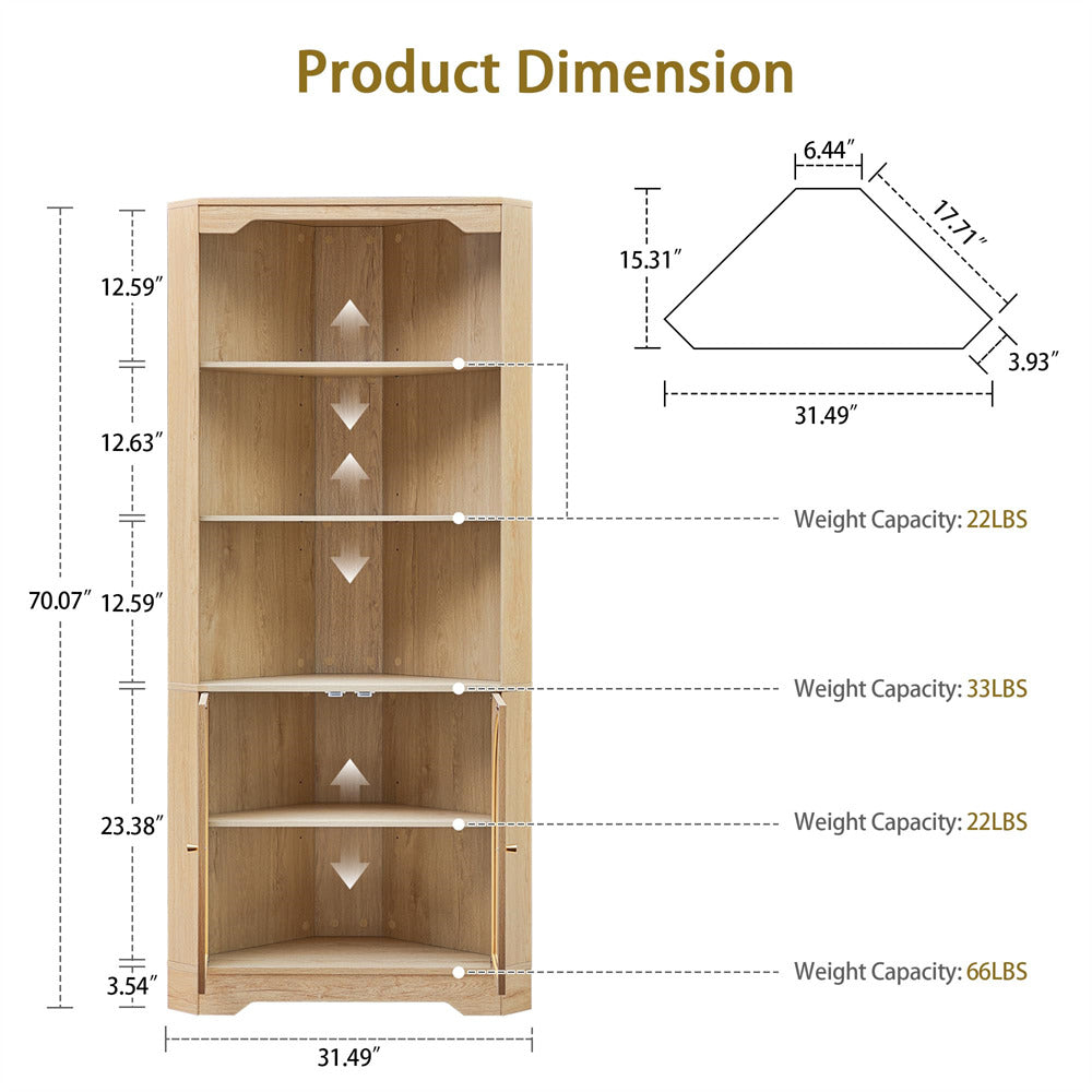 Wooden corner shelf with dimensions and weight capacity details on a white background