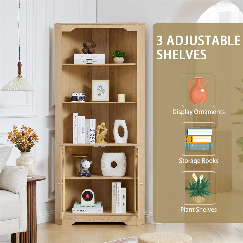 Wooden bookshelf with decorative items in a room setting, highlighting adjustable shelves.
