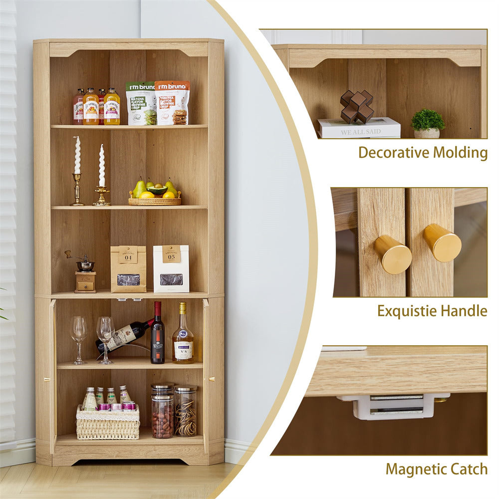Wooden bookshelf with decorative items and close-up details on molding, handle, and magnetic catch.