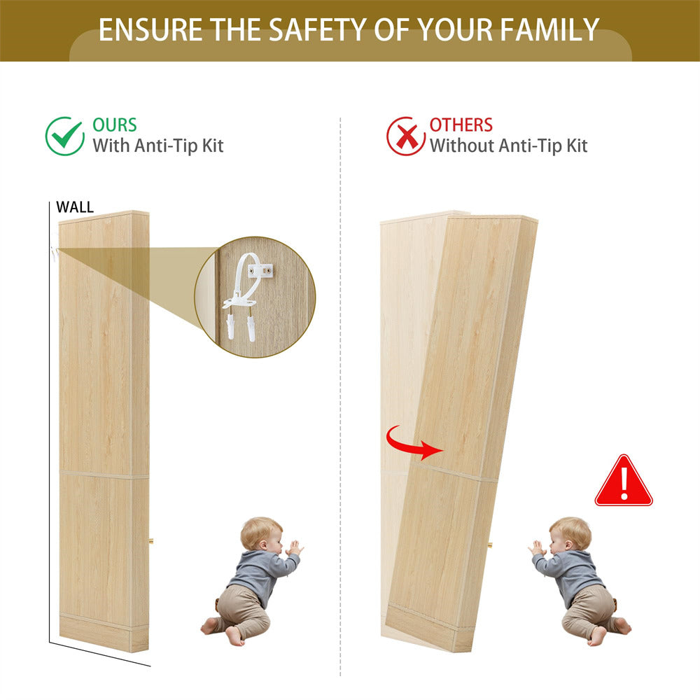 Comparison of a furniture item with and without an anti-tip kit, emphasizing safety for children.