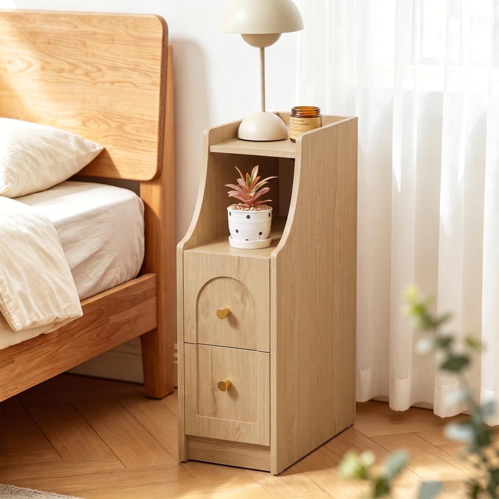 Natural Mid-Century Modern Narrow Nightstand End Table with Charging Station and Open Shelf