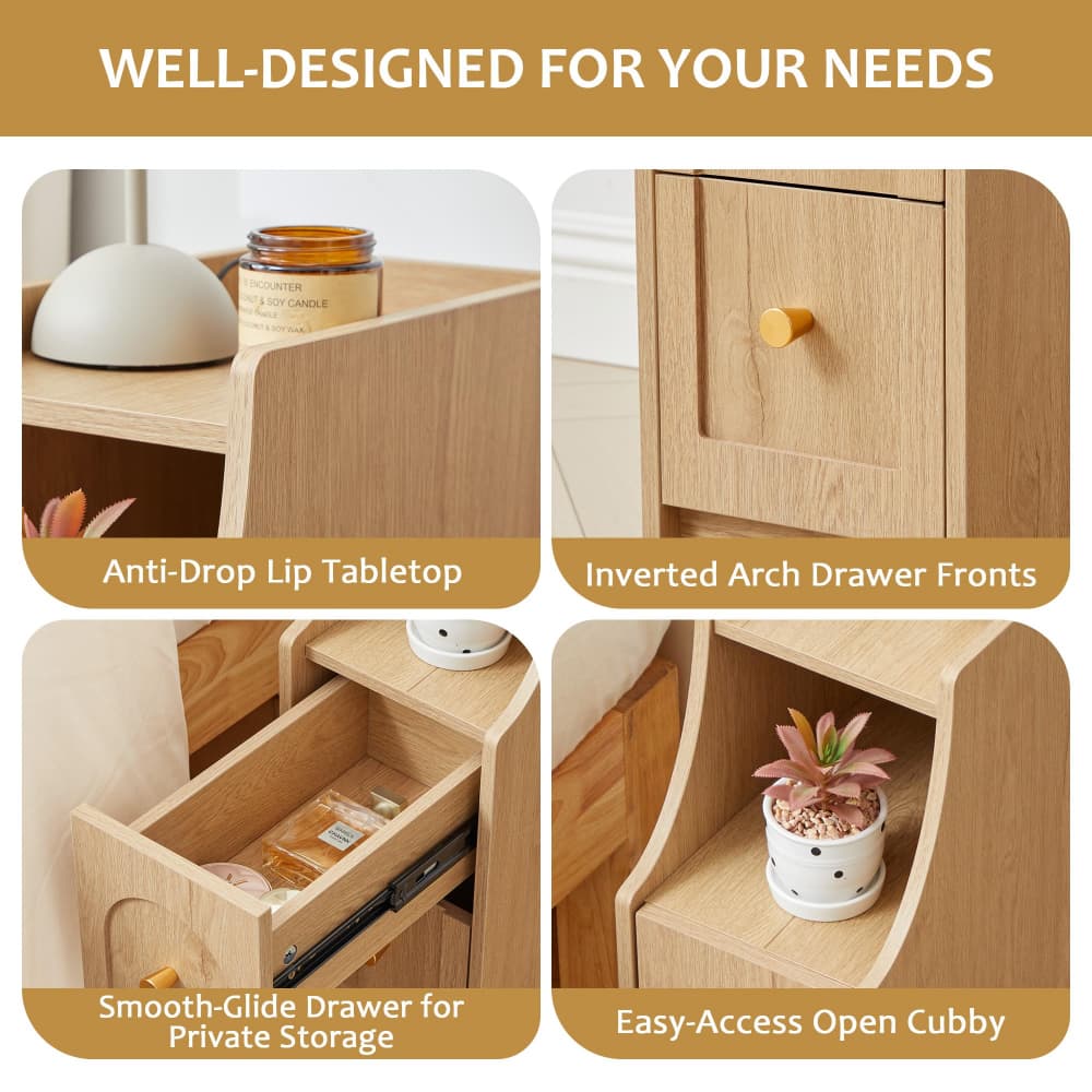 Four-panel feature collage of a light oak wood side table and drawer unit with text overlays highlighting its anti-drop lip tabletop, inverted arch drawer fronts, smooth-glide drawer storage, and open cubby shelf.