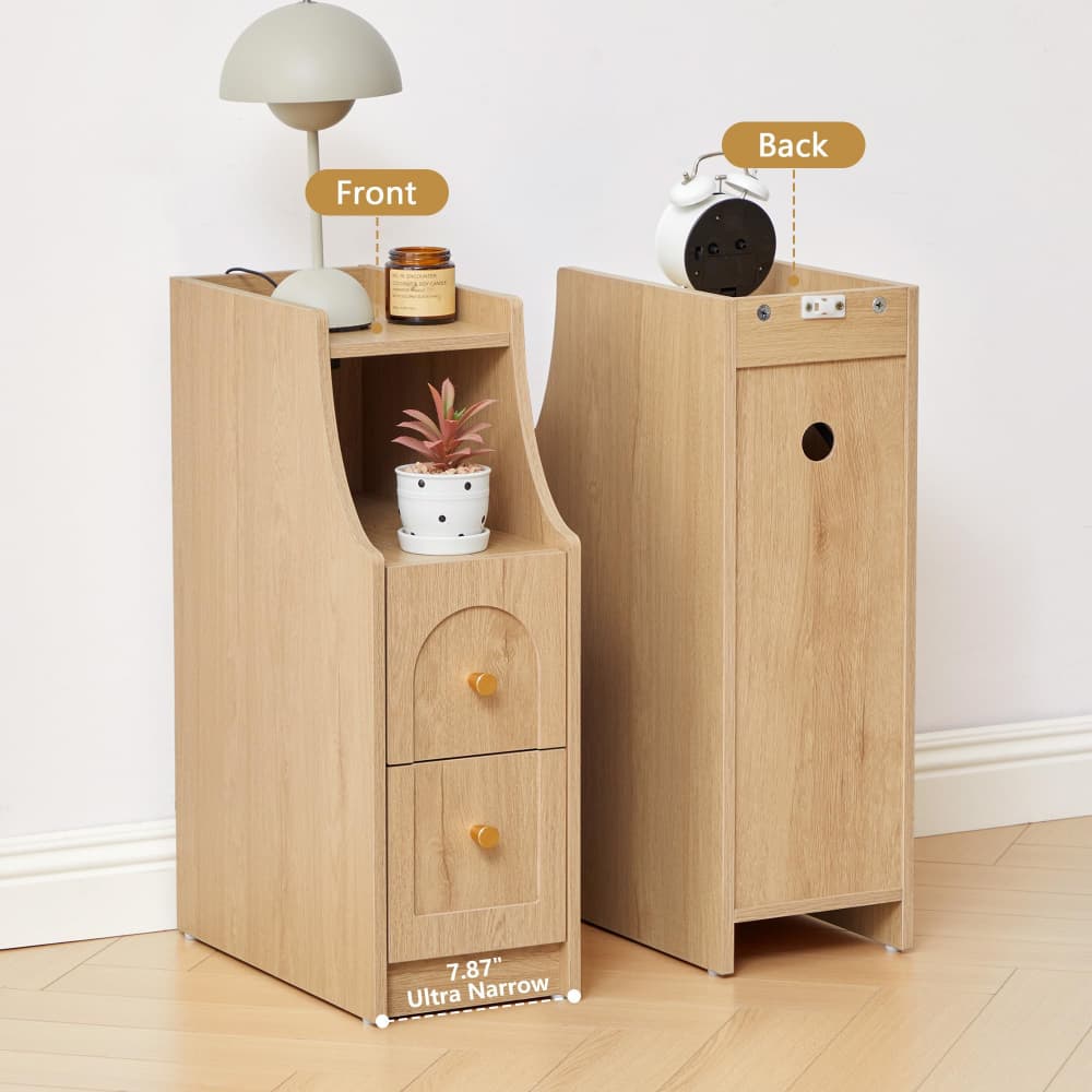 Two light oak wood nightstands shown side by side to display the front and back views. The left nightstand is labeled 'Front' and features two drawers with round gold knobs, an open shelf with a small succulent, and a lamp on top.