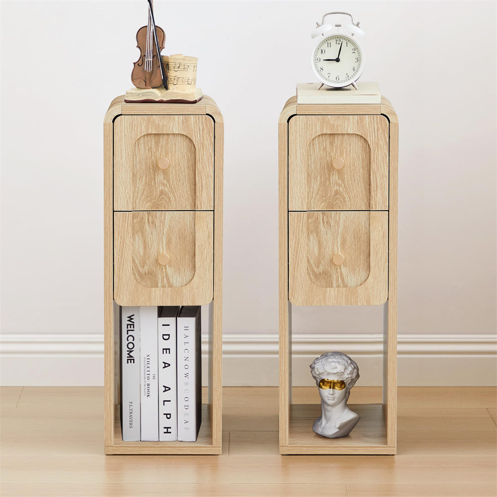 Two wooden side tables with decorative items on a light background